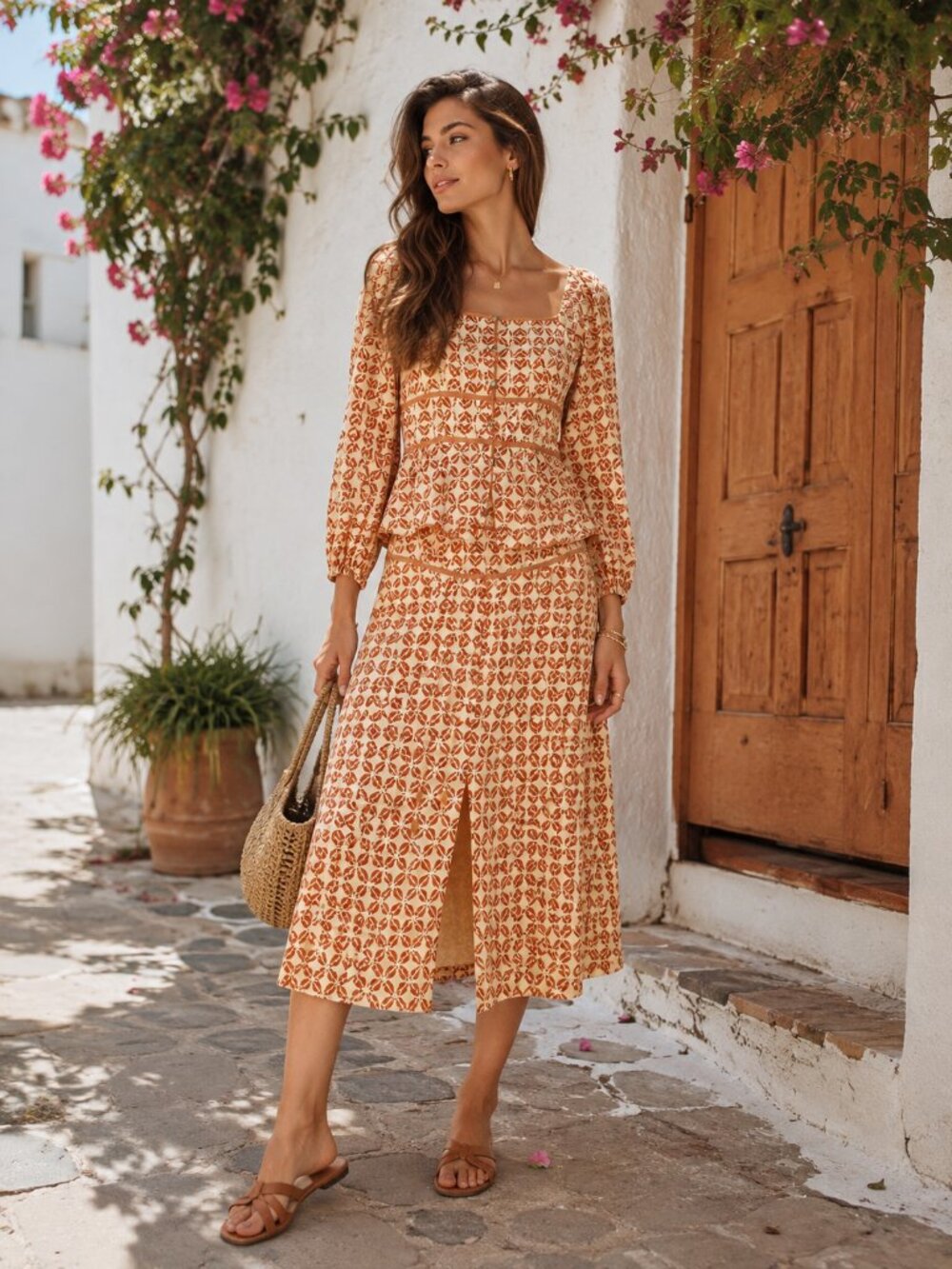Lost + Wander Golden Dawn Orange Geometric Print Top Midi Skirt 2 Piece Set